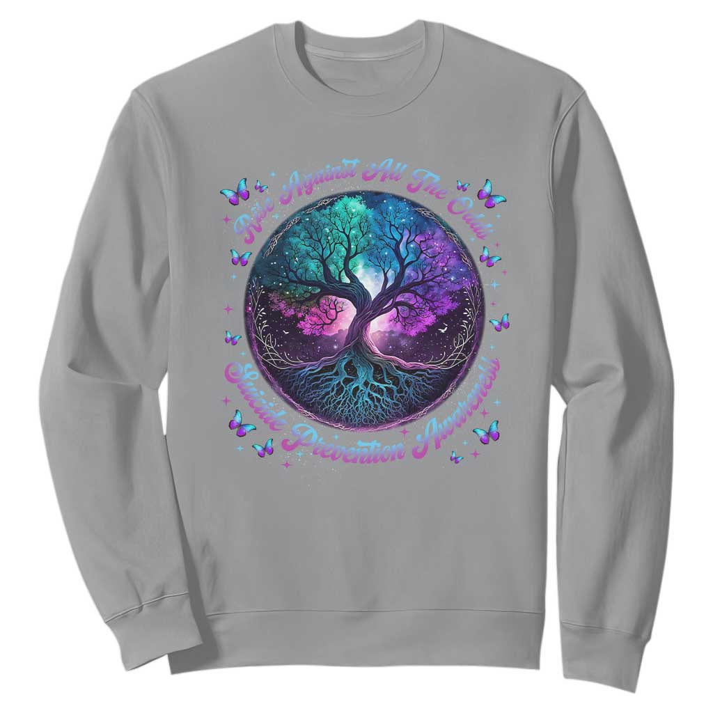 Suicide Prevention Support Sweatshirt Rise Against All The Odds Teal And Purple Tree Butterfly