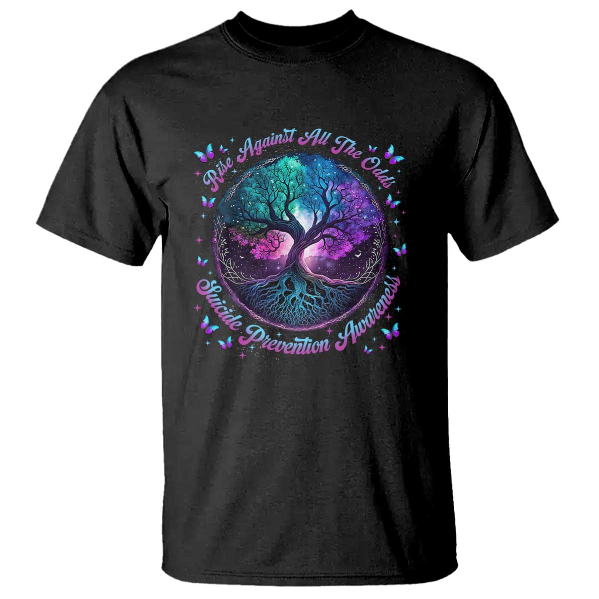 Suicide Prevention Support T Shirt Rise Against All The Odds Teal And Purple Tree Butterfly