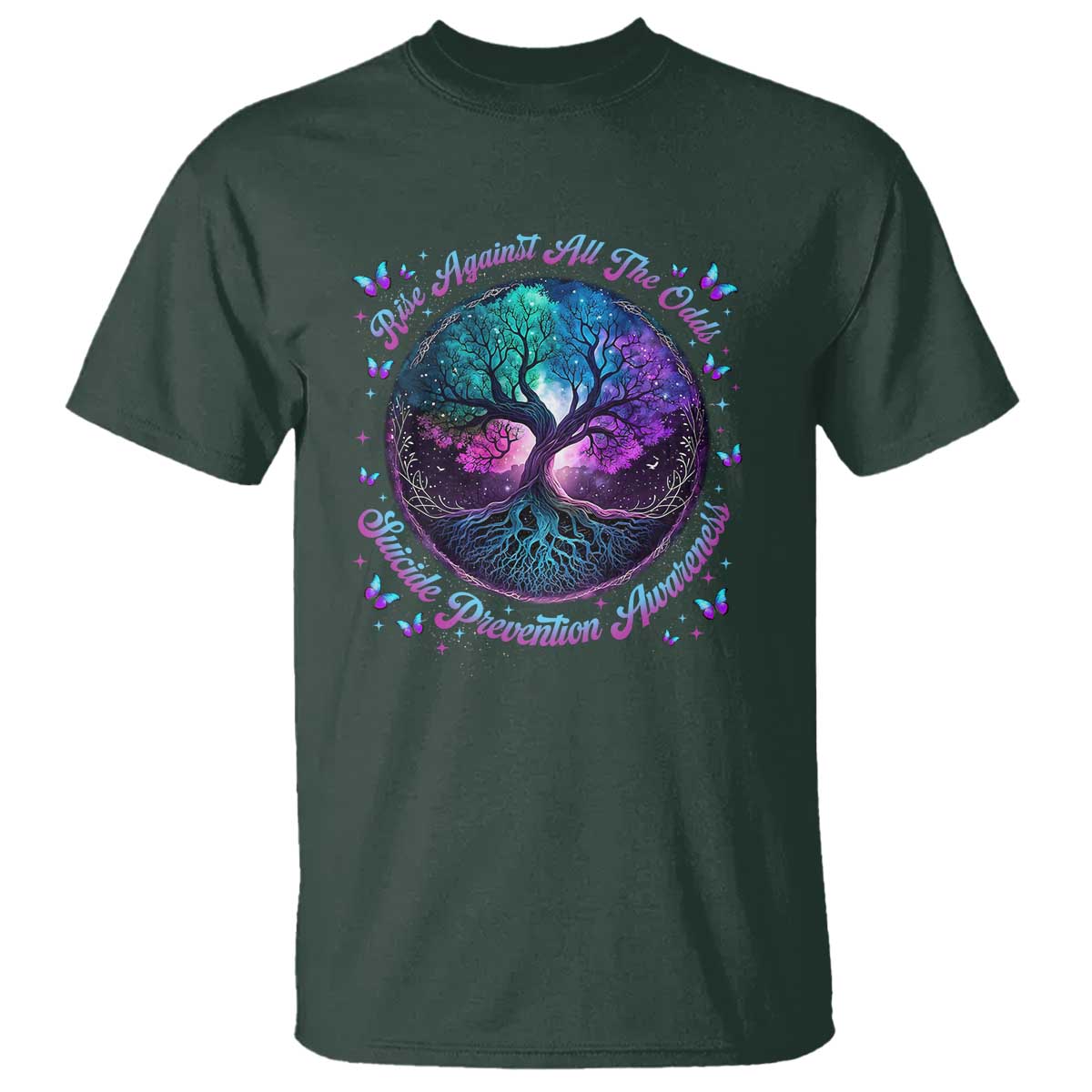 Suicide Prevention Support T Shirt Rise Against All The Odds Teal And Purple Tree Butterfly