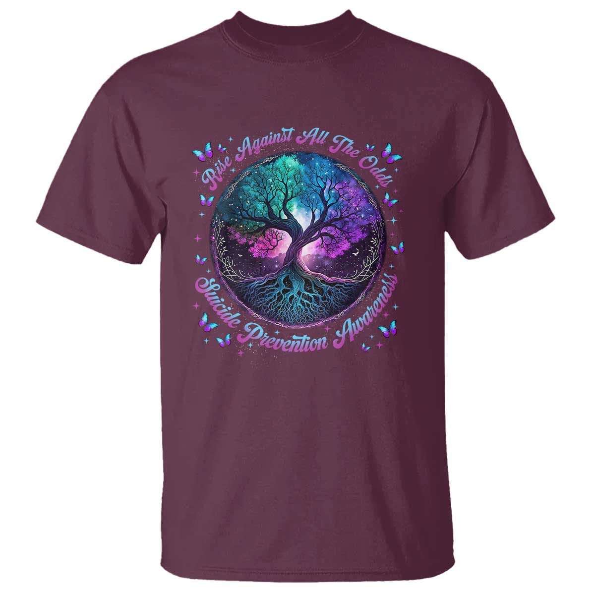 Suicide Prevention Support T Shirt Rise Against All The Odds Teal And Purple Tree Butterfly