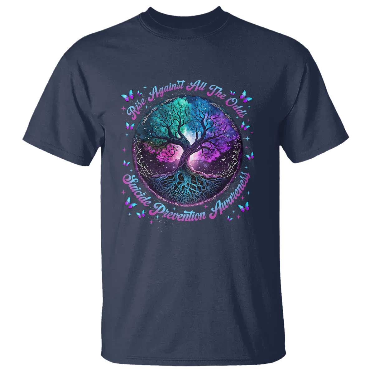 Suicide Prevention Support T Shirt Rise Against All The Odds Teal And Purple Tree Butterfly