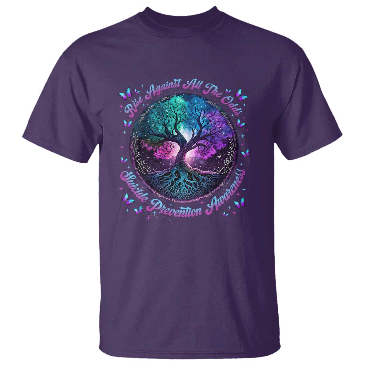 Suicide Prevention Support T Shirt Rise Against All The Odds Teal And Purple Tree Butterfly