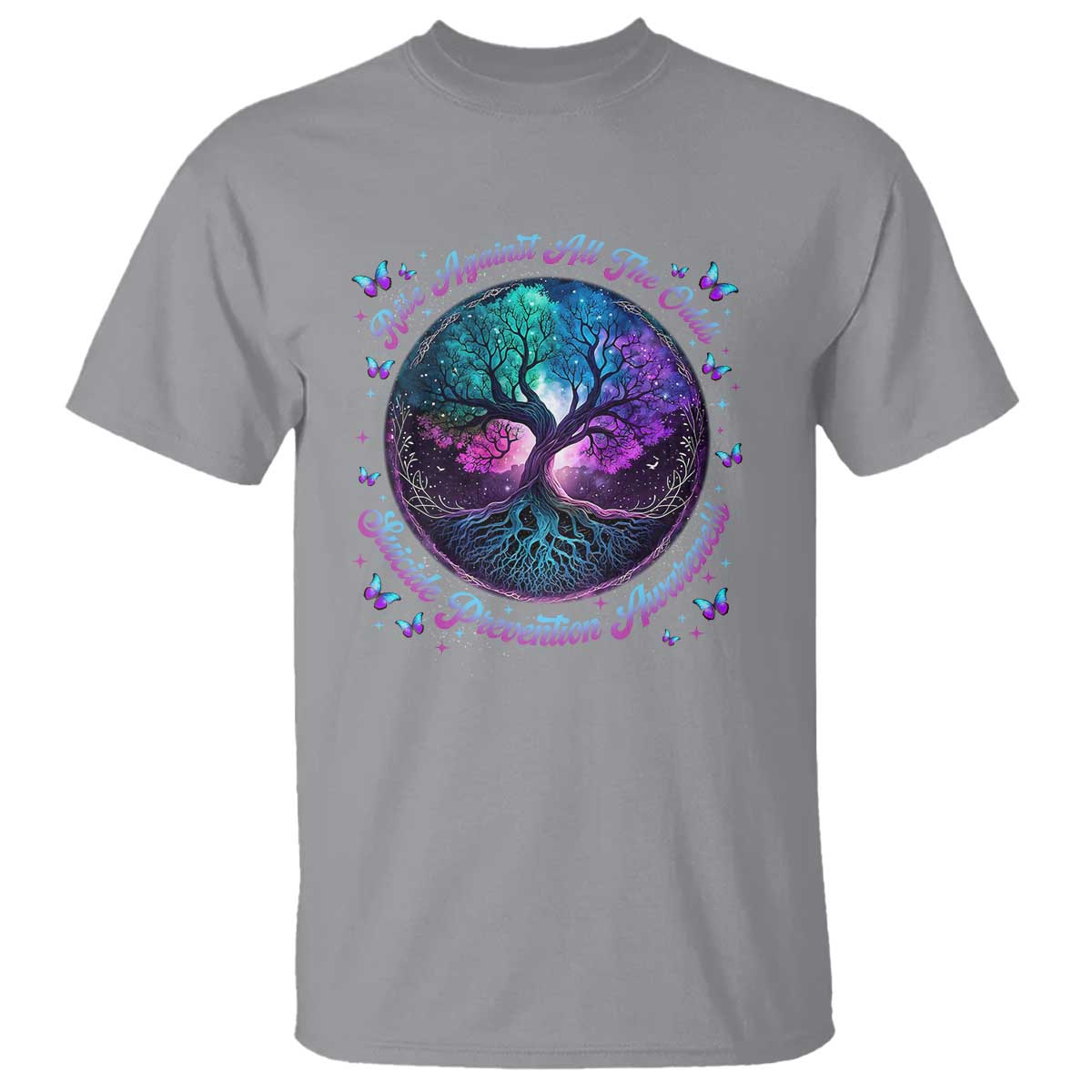 Suicide Prevention Support T Shirt Rise Against All The Odds Teal And Purple Tree Butterfly