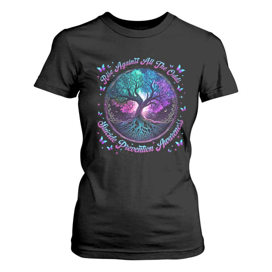 Suicide Prevention Support T Shirt For Women Rise Against All The Odds Teal And Purple Tree Butterfly