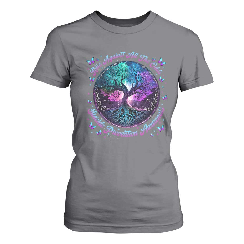 Suicide Prevention Support T Shirt For Women Rise Against All The Odds Teal And Purple Tree Butterfly