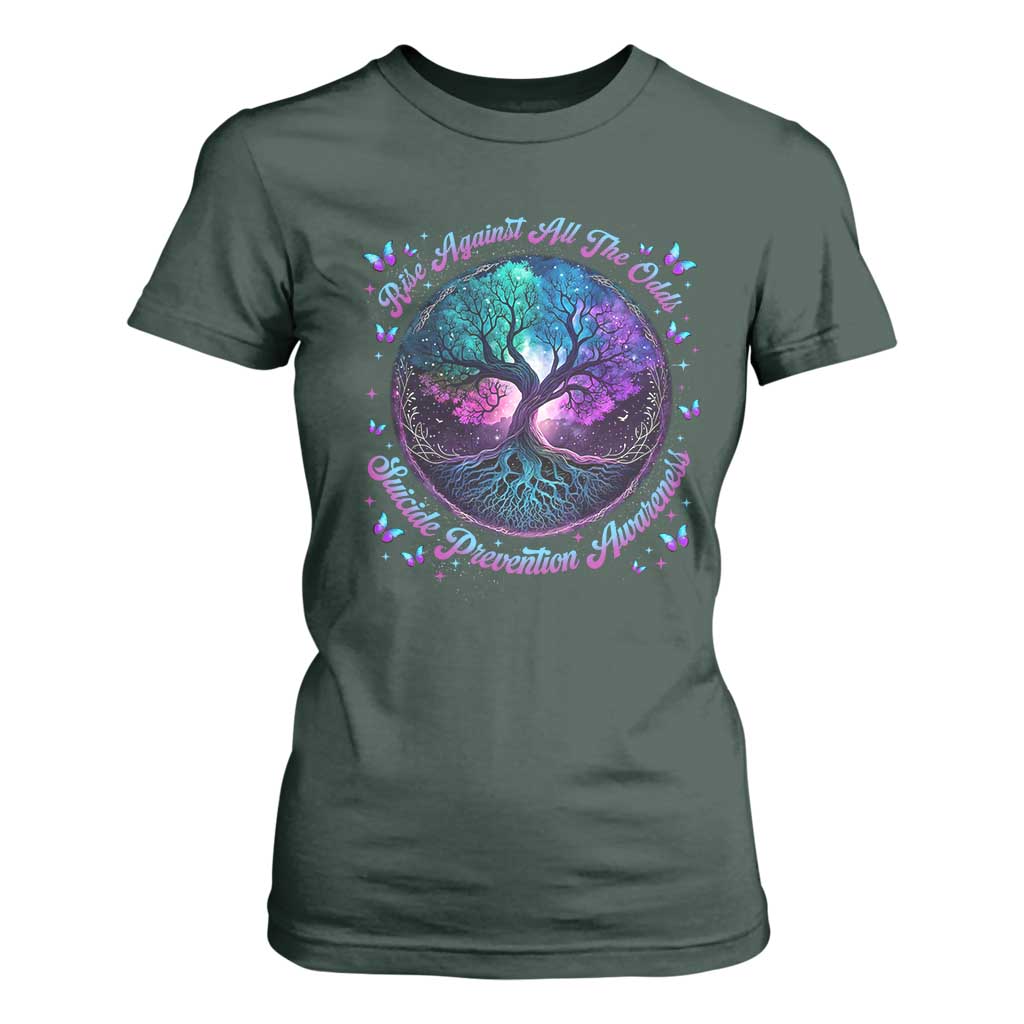Suicide Prevention Support T Shirt For Women Rise Against All The Odds Teal And Purple Tree Butterfly