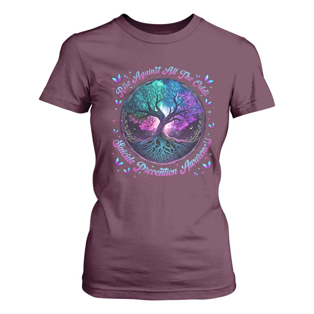 Suicide Prevention Support T Shirt For Women Rise Against All The Odds Teal And Purple Tree Butterfly