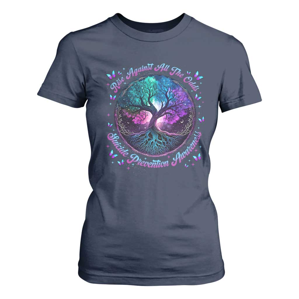 Suicide Prevention Support T Shirt For Women Rise Against All The Odds Teal And Purple Tree Butterfly