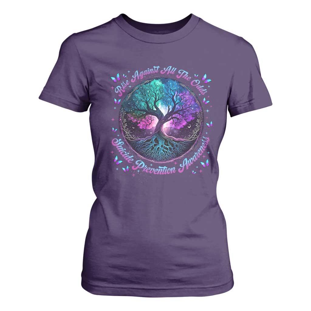 Suicide Prevention Support T Shirt For Women Rise Against All The Odds Teal And Purple Tree Butterfly