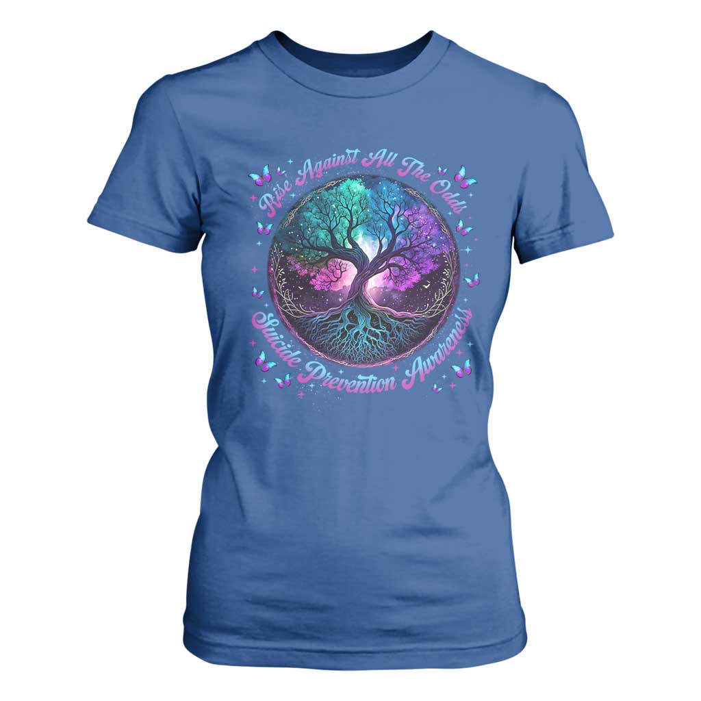 Suicide Prevention Support T Shirt For Women Rise Against All The Odds Teal And Purple Tree Butterfly