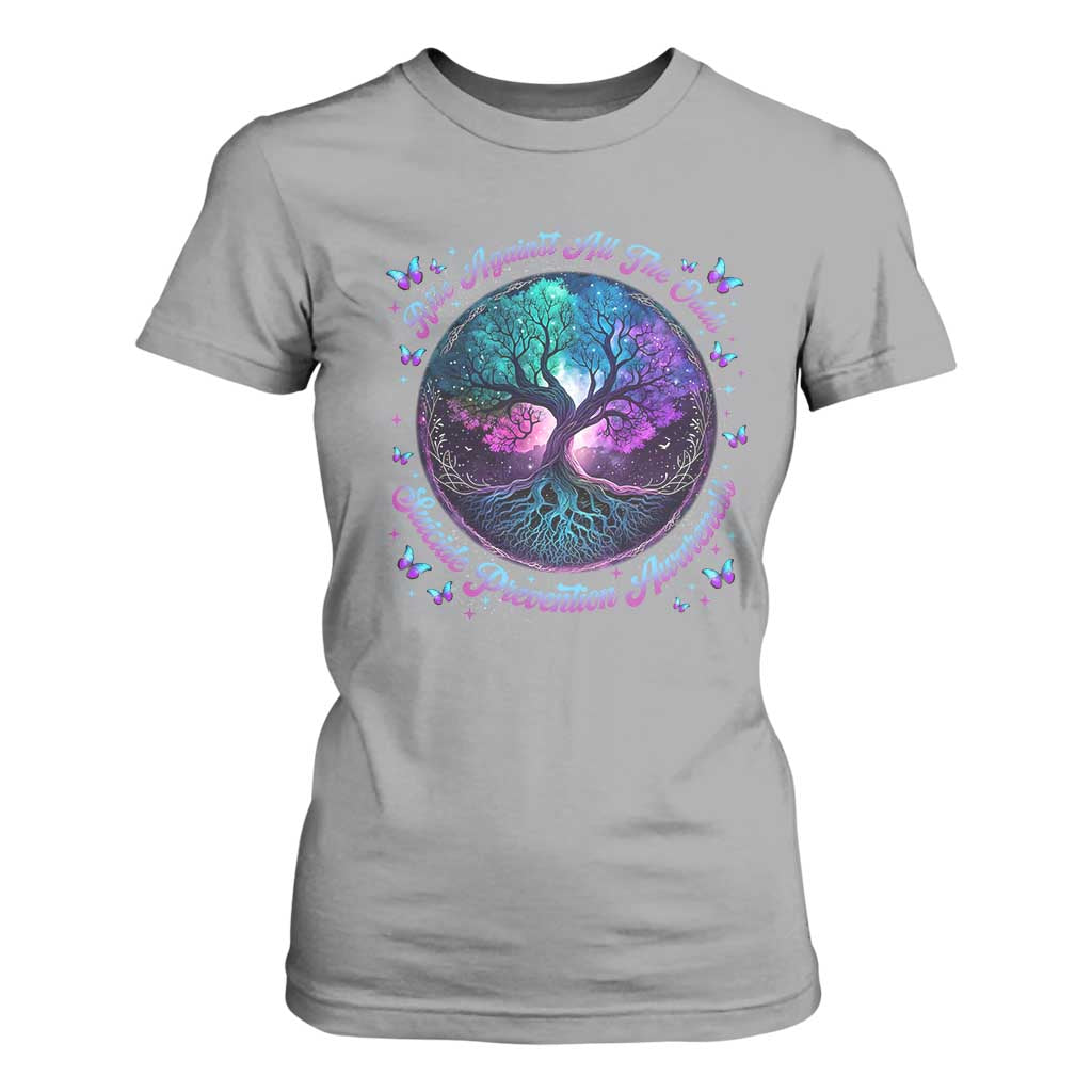 Suicide Prevention Support T Shirt For Women Rise Against All The Odds Teal And Purple Tree Butterfly