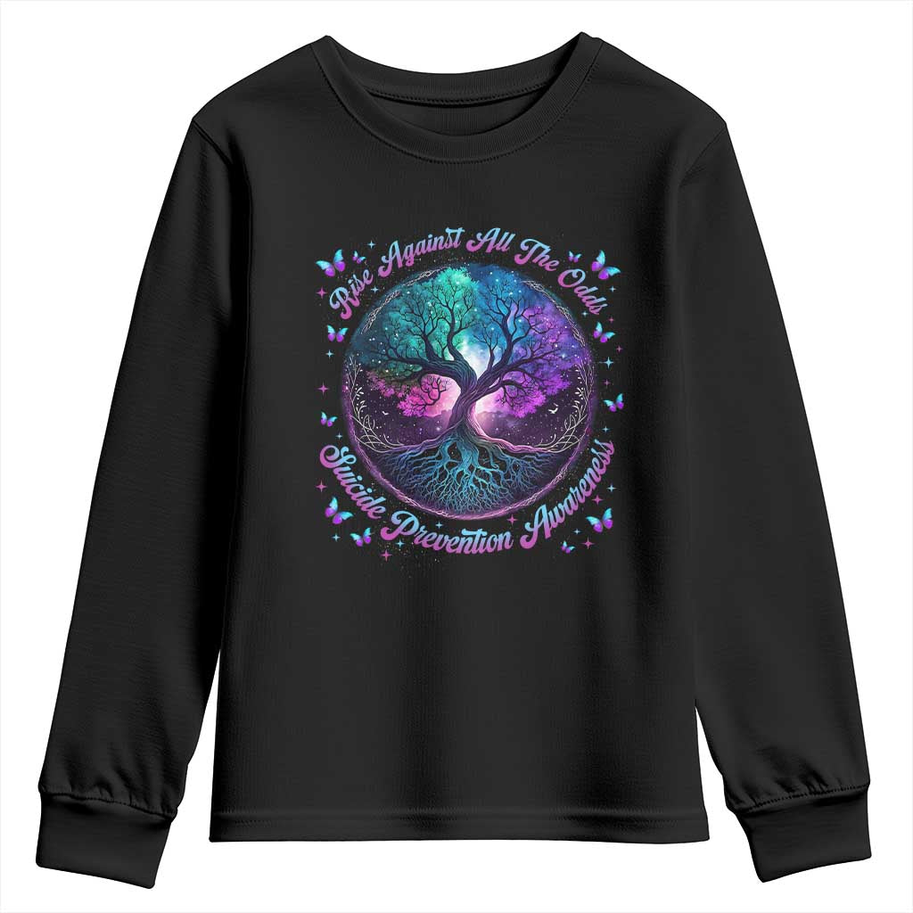 Suicide Prevention Support Youth Sweatshirt Rise Against All The Odds Teal And Purple Tree Butterfly