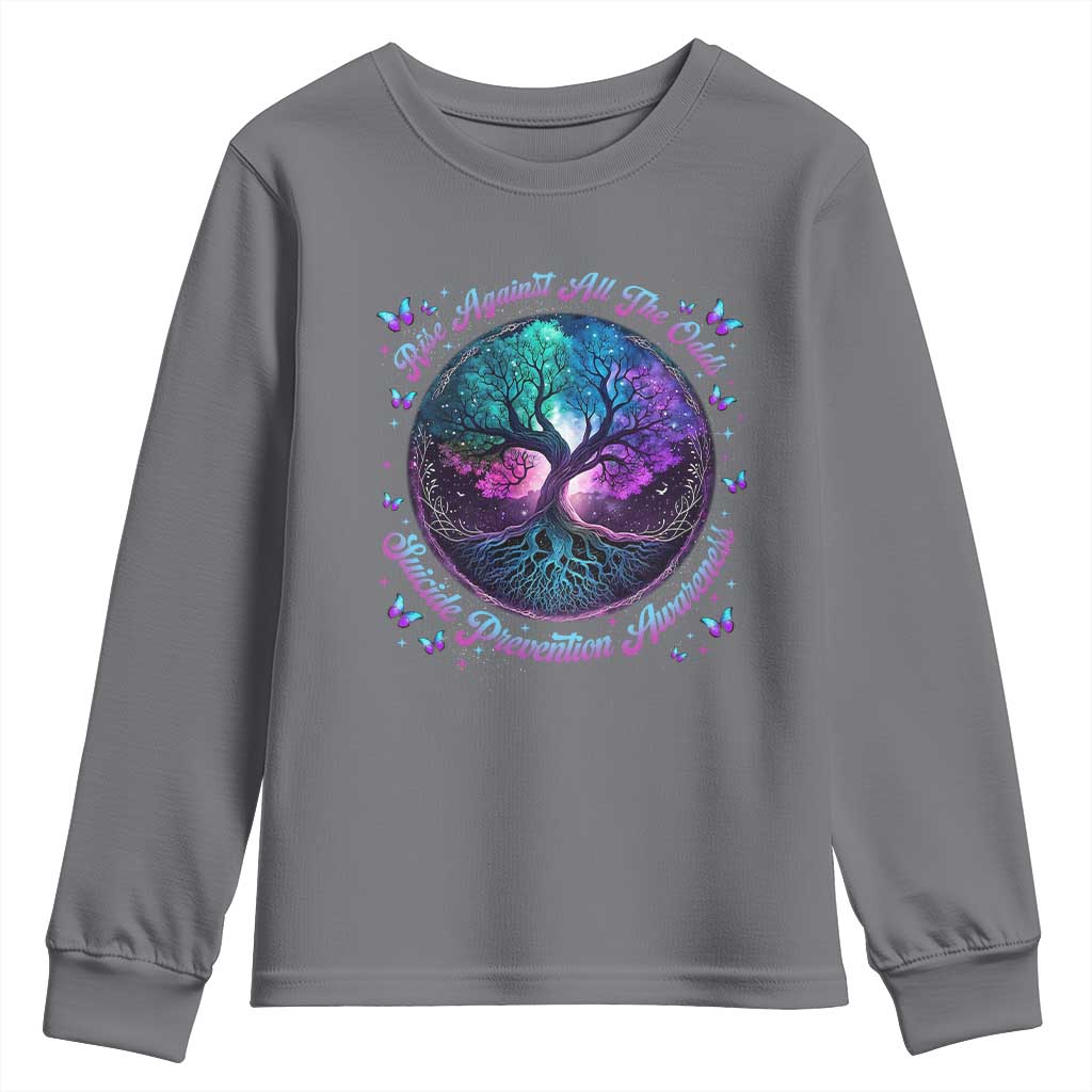 Suicide Prevention Support Youth Sweatshirt Rise Against All The Odds Teal And Purple Tree Butterfly