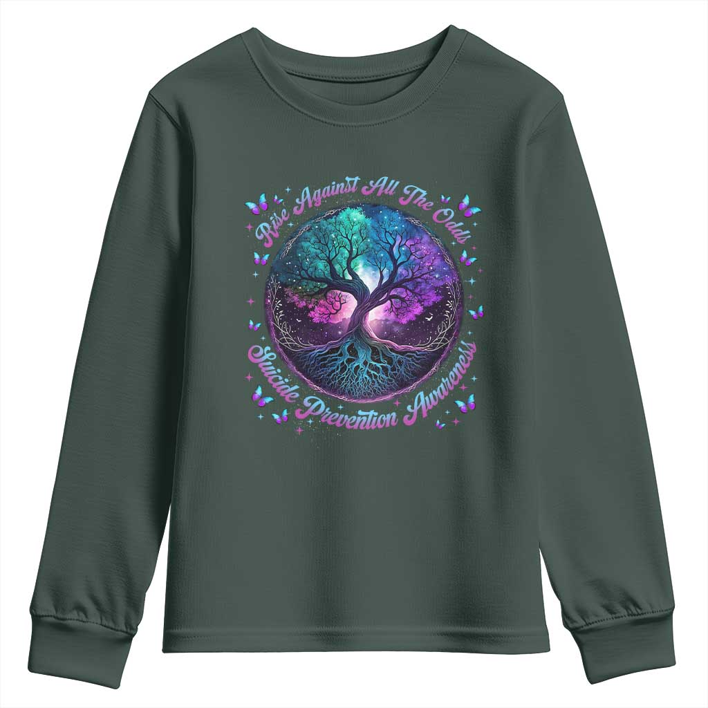 Suicide Prevention Support Youth Sweatshirt Rise Against All The Odds Teal And Purple Tree Butterfly
