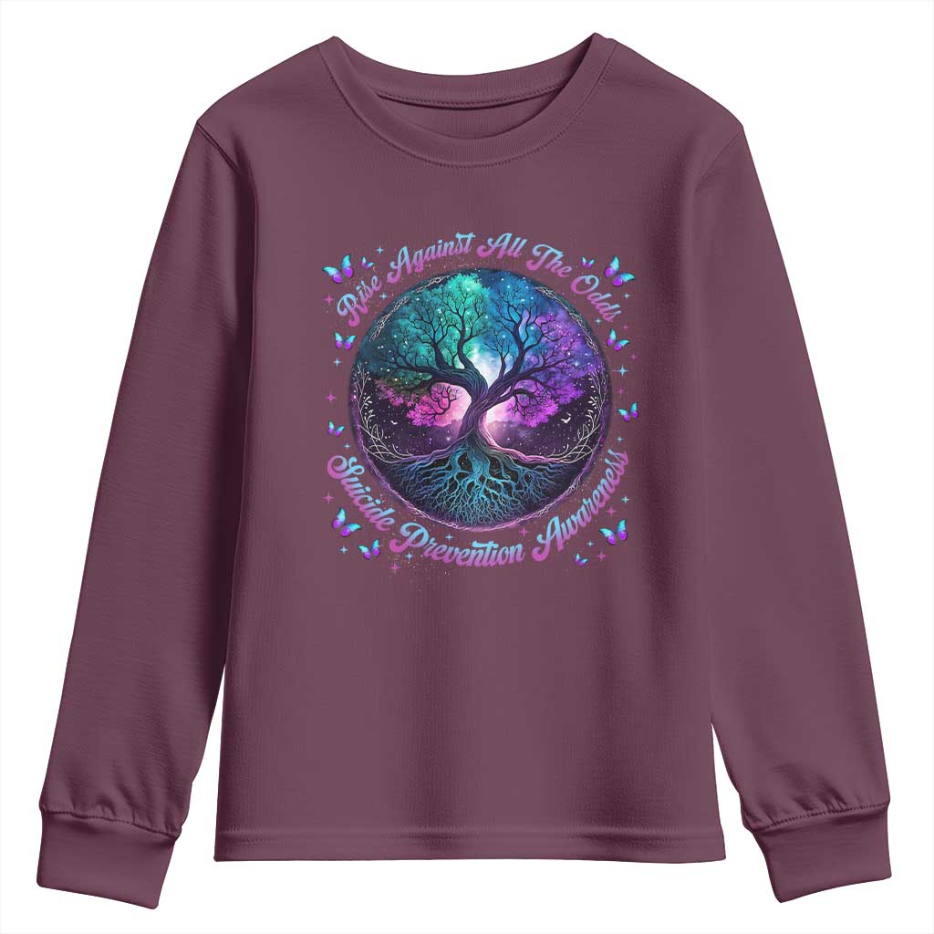 Suicide Prevention Support Youth Sweatshirt Rise Against All The Odds Teal And Purple Tree Butterfly