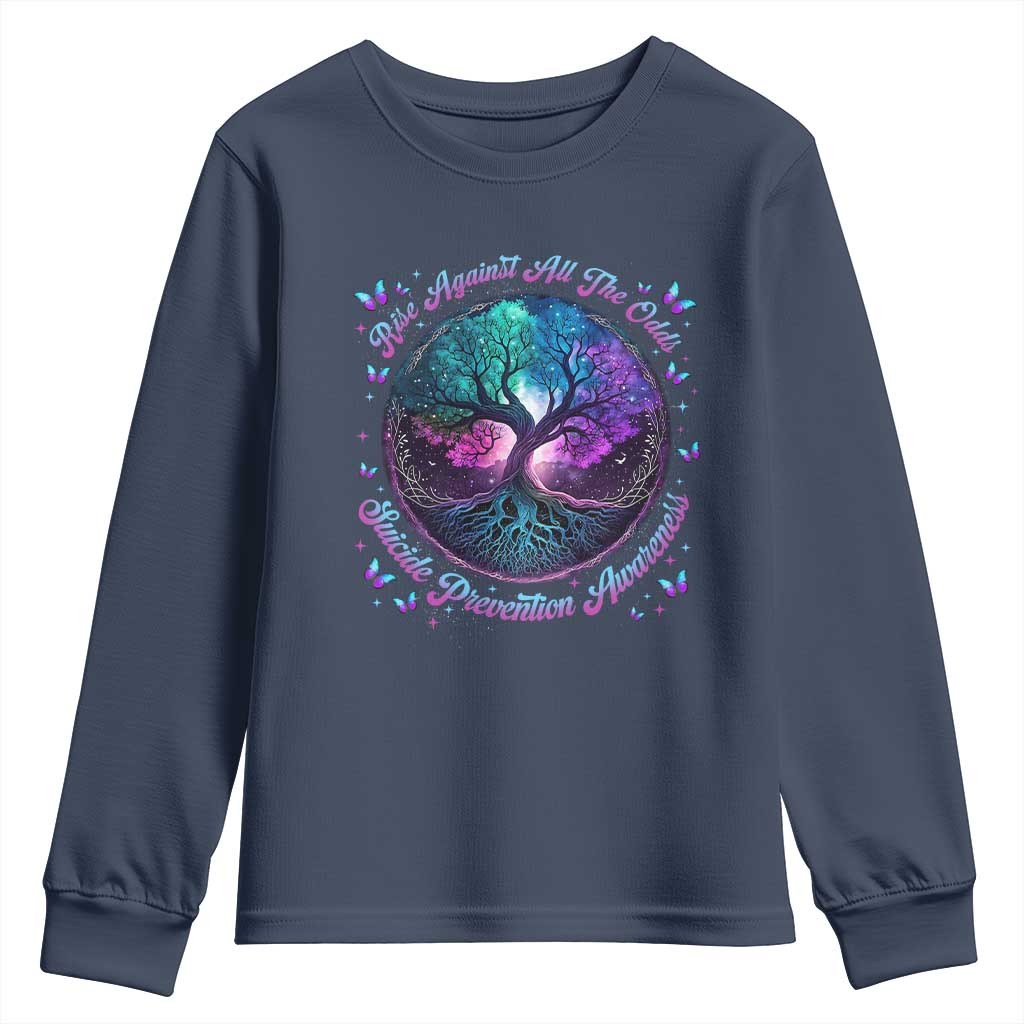 Suicide Prevention Support Youth Sweatshirt Rise Against All The Odds Teal And Purple Tree Butterfly