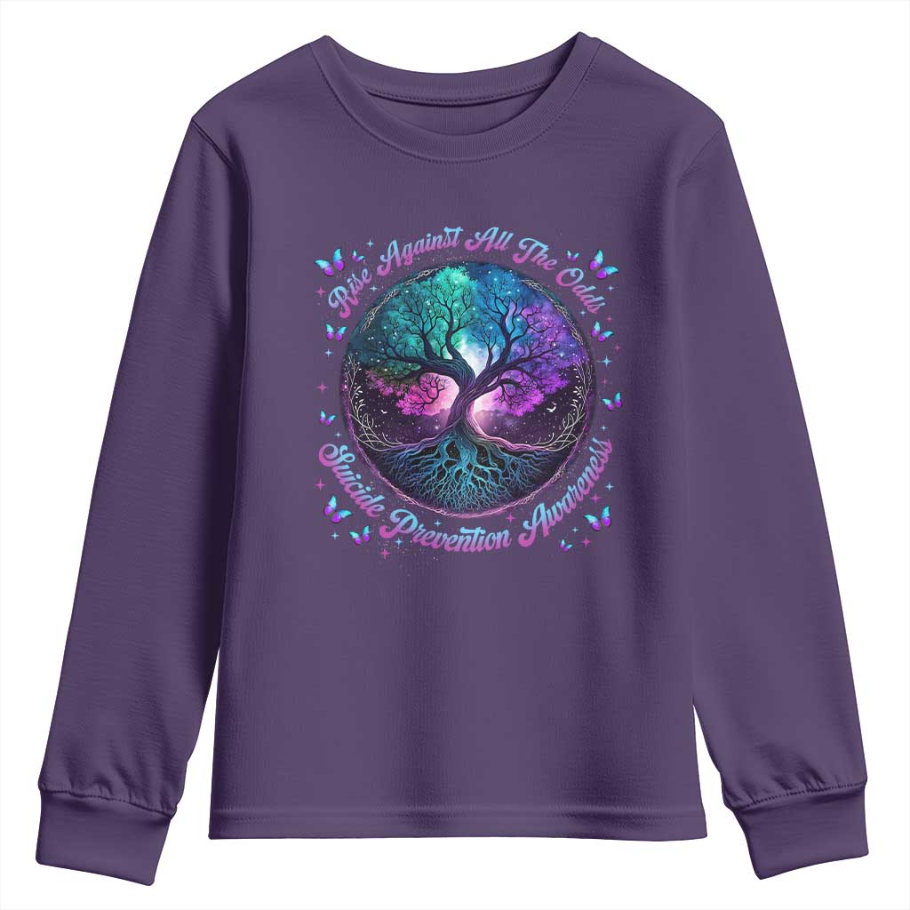 Suicide Prevention Support Youth Sweatshirt Rise Against All The Odds Teal And Purple Tree Butterfly
