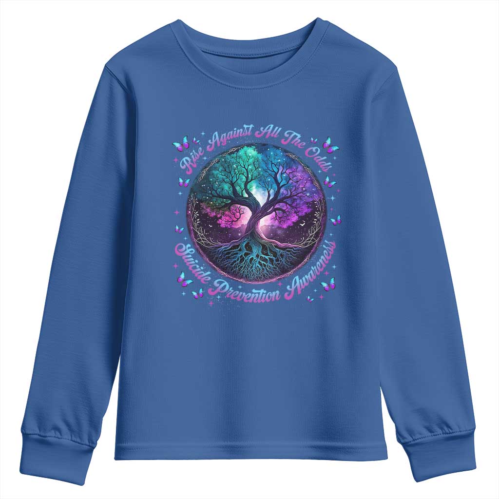 Suicide Prevention Support Youth Sweatshirt Rise Against All The Odds Teal And Purple Tree Butterfly