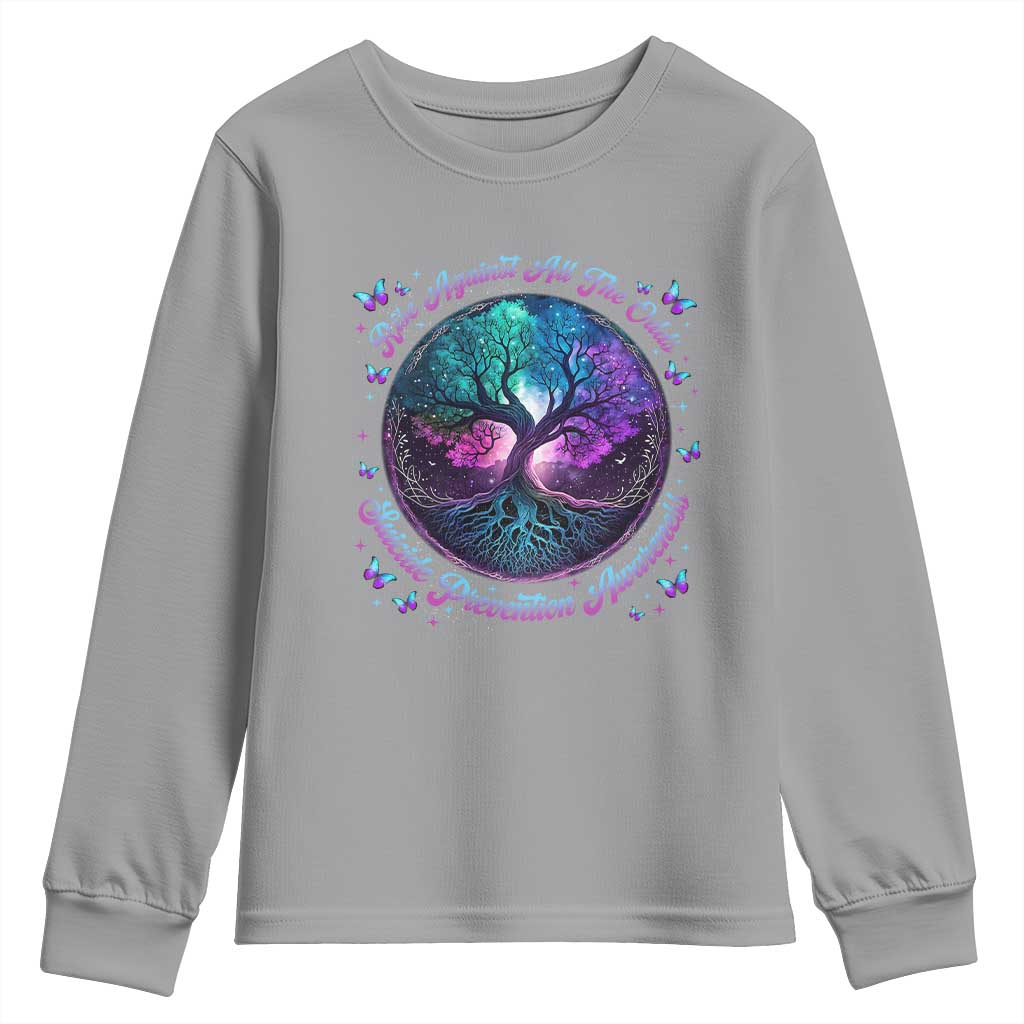 Suicide Prevention Support Youth Sweatshirt Rise Against All The Odds Teal And Purple Tree Butterfly