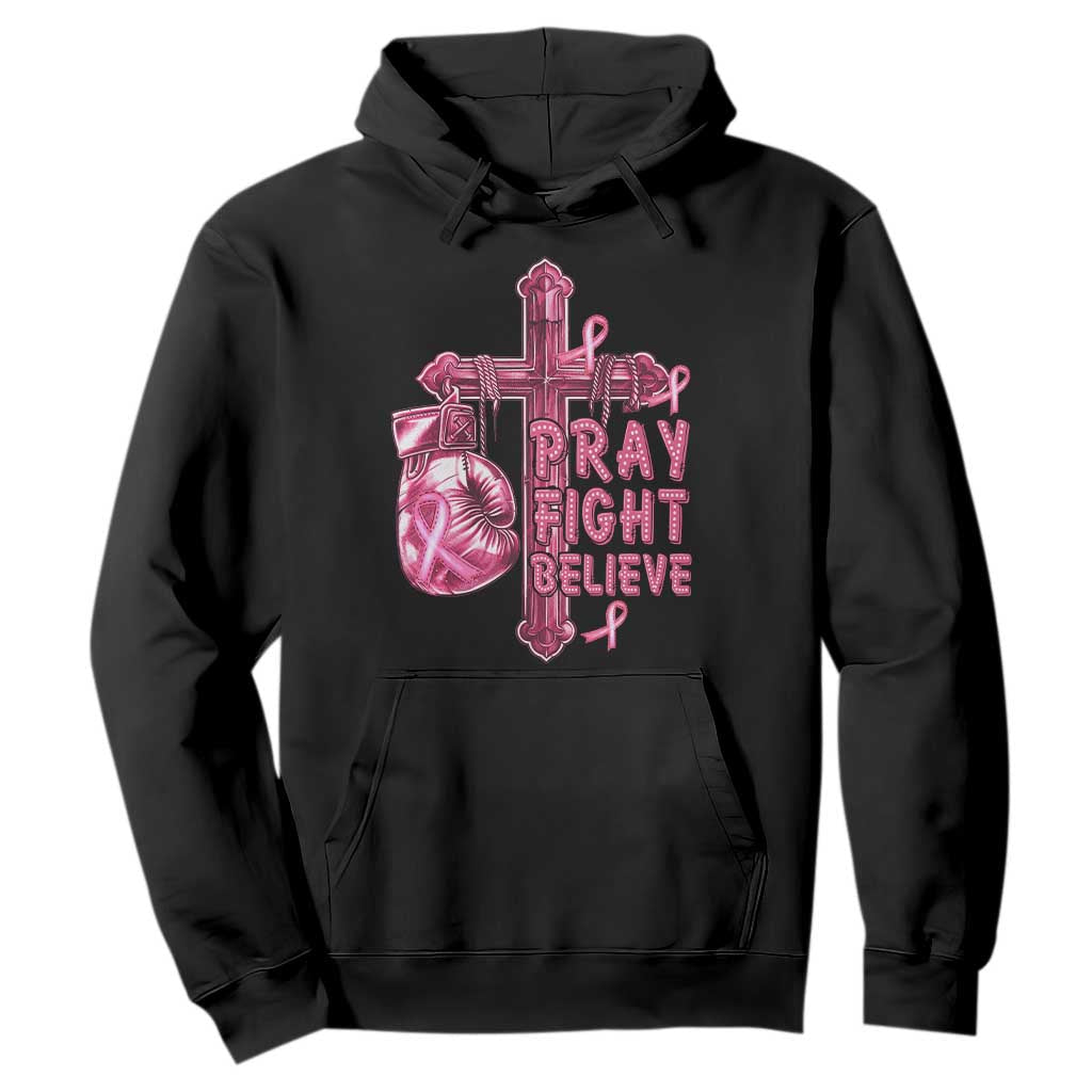 Breast Cancer Support Hoodie Pray Fight Believe Boxing Glove Cross Pink Ribbon