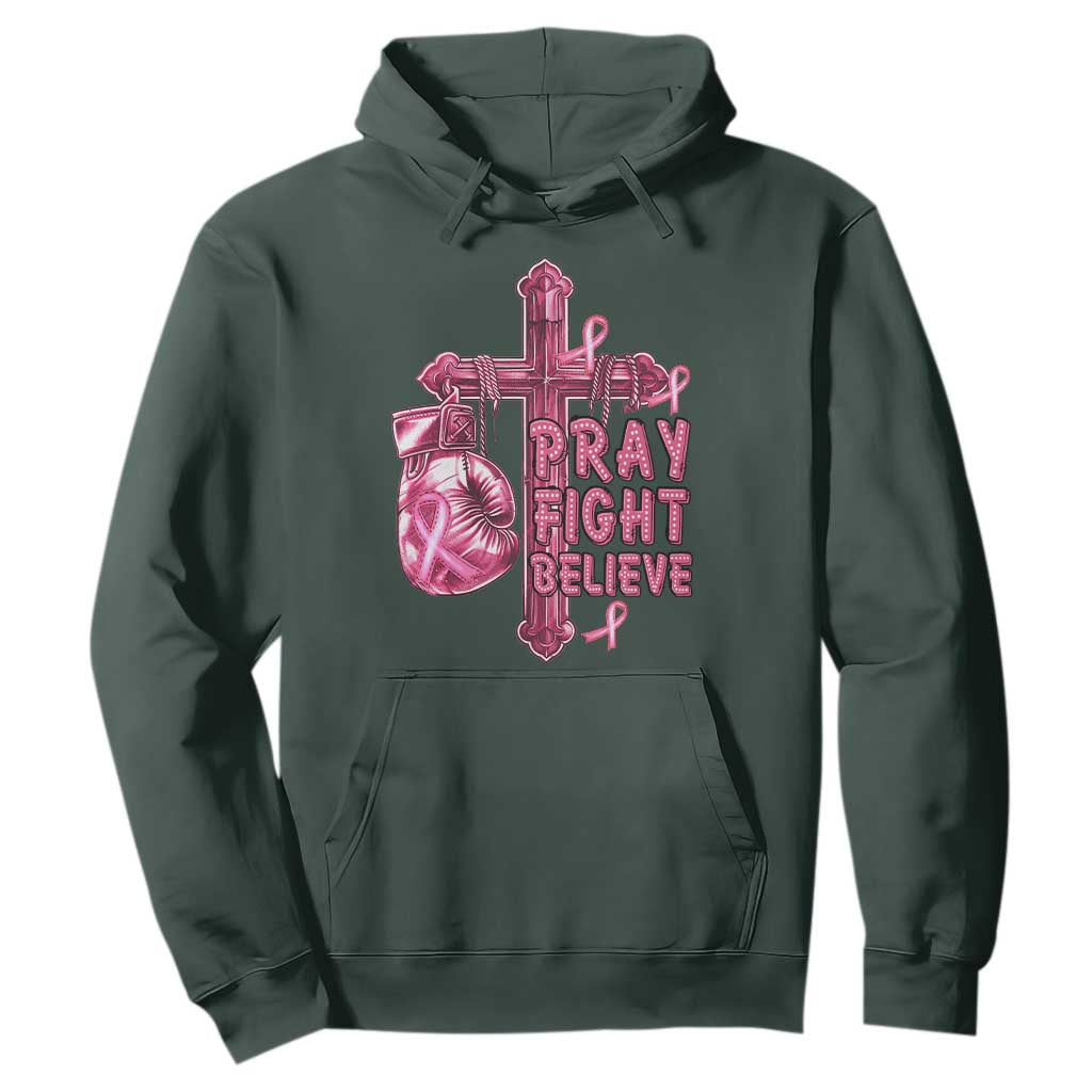 Breast Cancer Support Hoodie Pray Fight Believe Boxing Glove Cross Pink Ribbon
