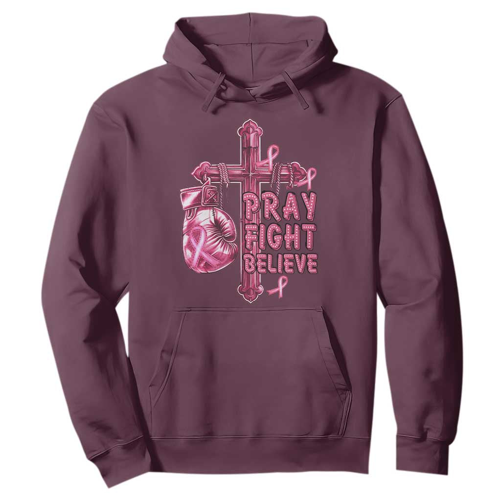 Breast Cancer Support Hoodie Pray Fight Believe Boxing Glove Cross Pink Ribbon