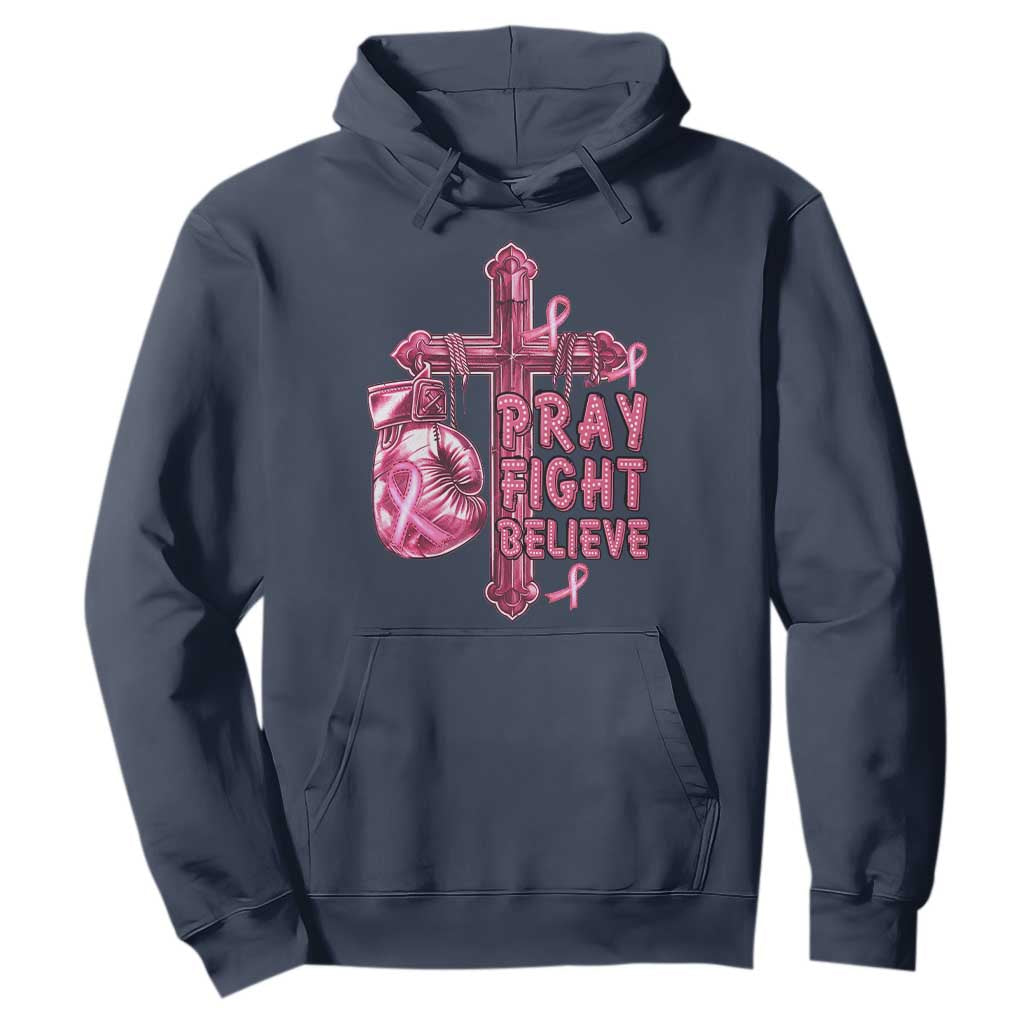 Breast Cancer Support Hoodie Pray Fight Believe Boxing Glove Cross Pink Ribbon