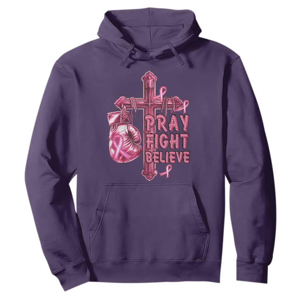 Breast Cancer Support Hoodie Pray Fight Believe Boxing Glove Cross Pink Ribbon