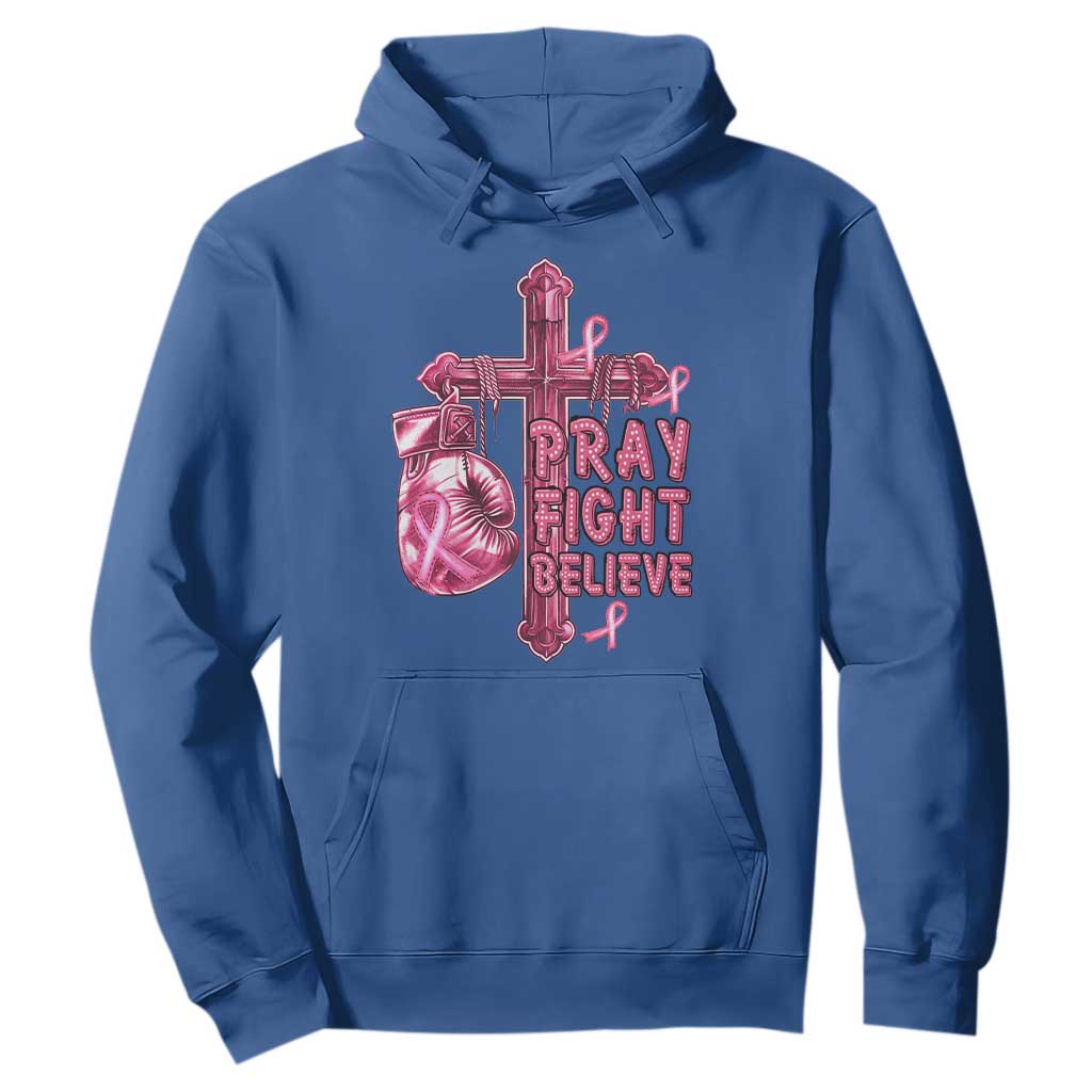 Breast Cancer Support Hoodie Pray Fight Believe Boxing Glove Cross Pink Ribbon