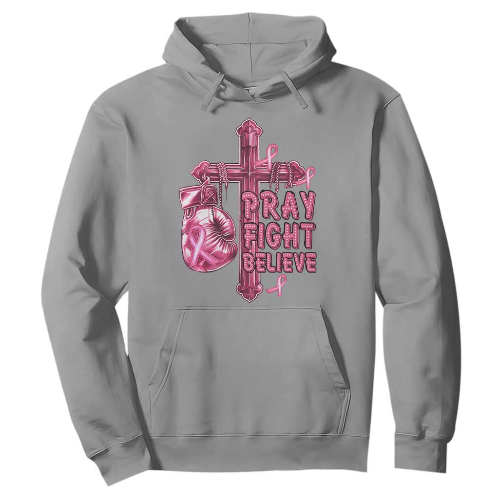 Breast Cancer Support Hoodie Pray Fight Believe Boxing Glove Cross Pink Ribbon