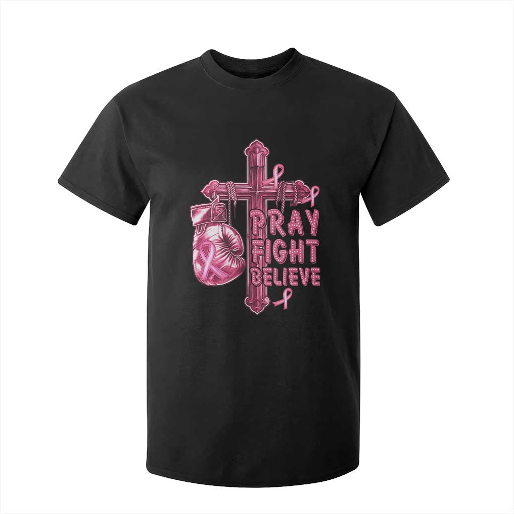 Breast Cancer Support T Shirt For Kid Pray Fight Believe Boxing Glove Cross Pink Ribbon