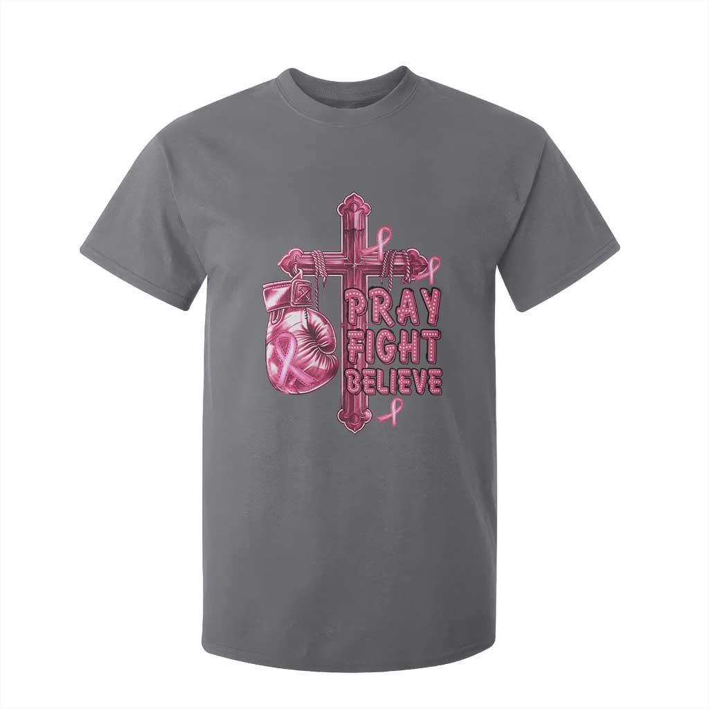 Breast Cancer Support T Shirt For Kid Pray Fight Believe Boxing Glove Cross Pink Ribbon
