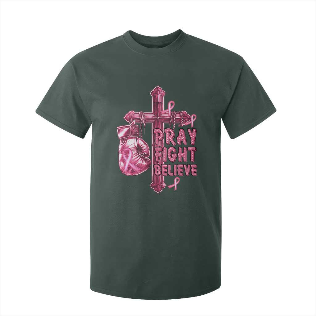 Breast Cancer Support T Shirt For Kid Pray Fight Believe Boxing Glove Cross Pink Ribbon