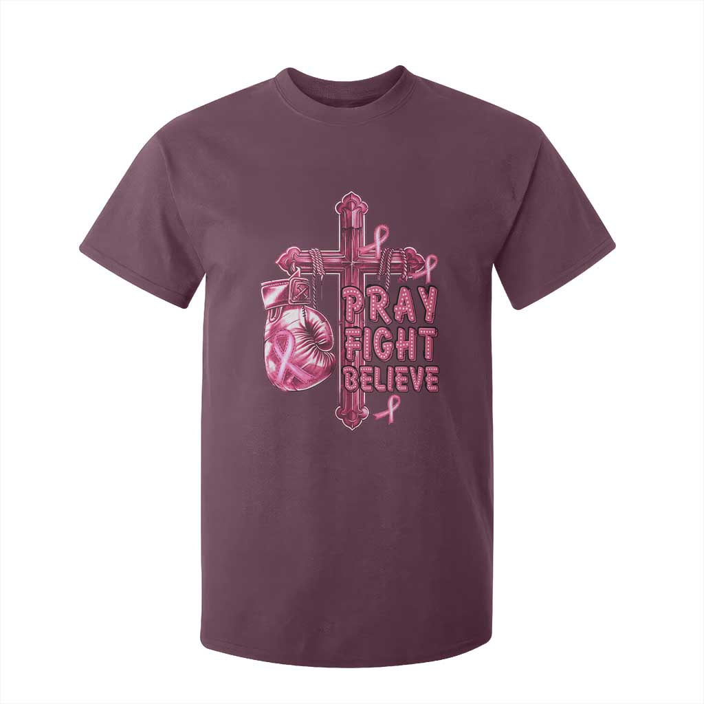 Breast Cancer Support T Shirt For Kid Pray Fight Believe Boxing Glove Cross Pink Ribbon