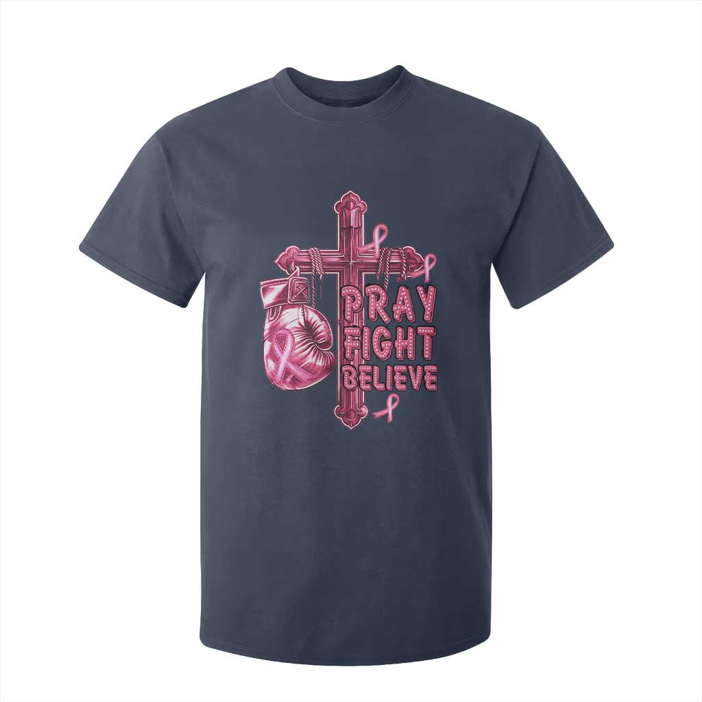Breast Cancer Support T Shirt For Kid Pray Fight Believe Boxing Glove Cross Pink Ribbon