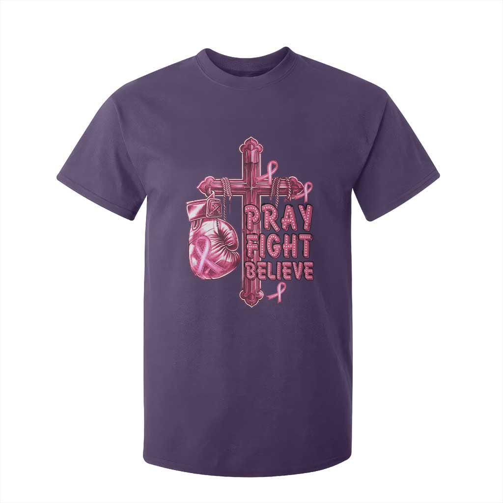 Breast Cancer Support T Shirt For Kid Pray Fight Believe Boxing Glove Cross Pink Ribbon