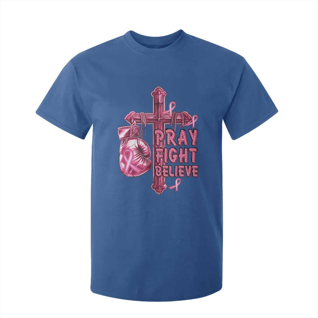 Breast Cancer Support T Shirt For Kid Pray Fight Believe Boxing Glove Cross Pink Ribbon