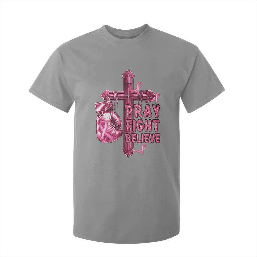 Breast Cancer Support T Shirt For Kid Pray Fight Believe Boxing Glove Cross Pink Ribbon