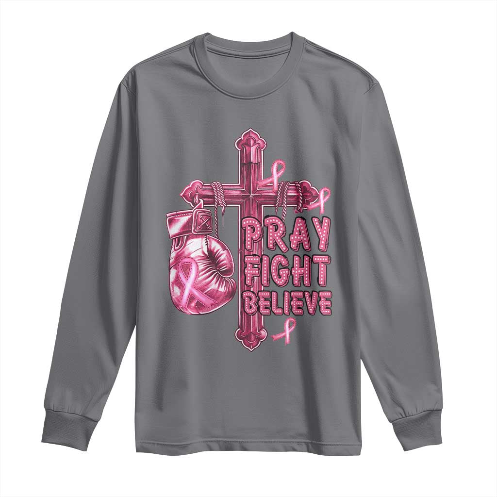 Breast Cancer Support Long Sleeve Shirt Pray Fight Believe Boxing Glove Cross Pink Ribbon