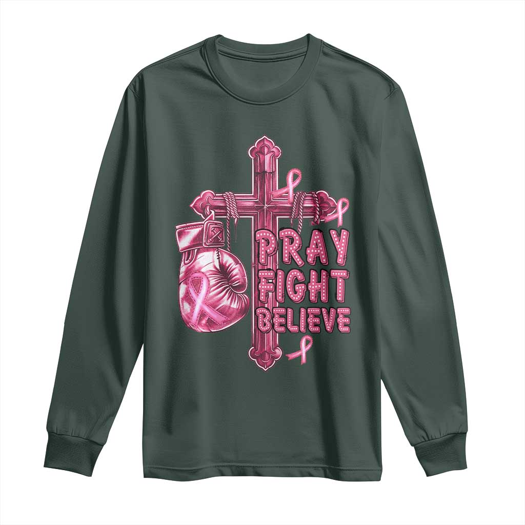 Breast Cancer Support Long Sleeve Shirt Pray Fight Believe Boxing Glove Cross Pink Ribbon