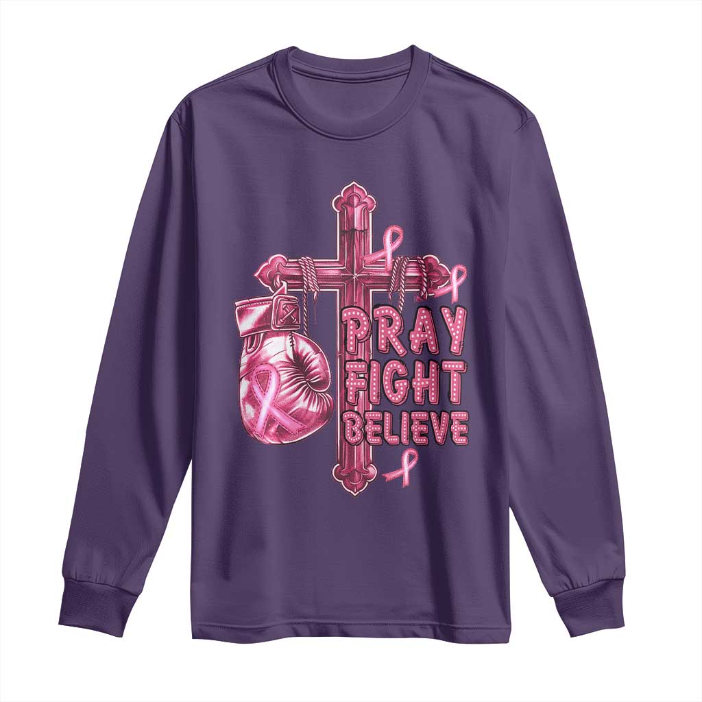 Breast Cancer Support Long Sleeve Shirt Pray Fight Believe Boxing Glove Cross Pink Ribbon