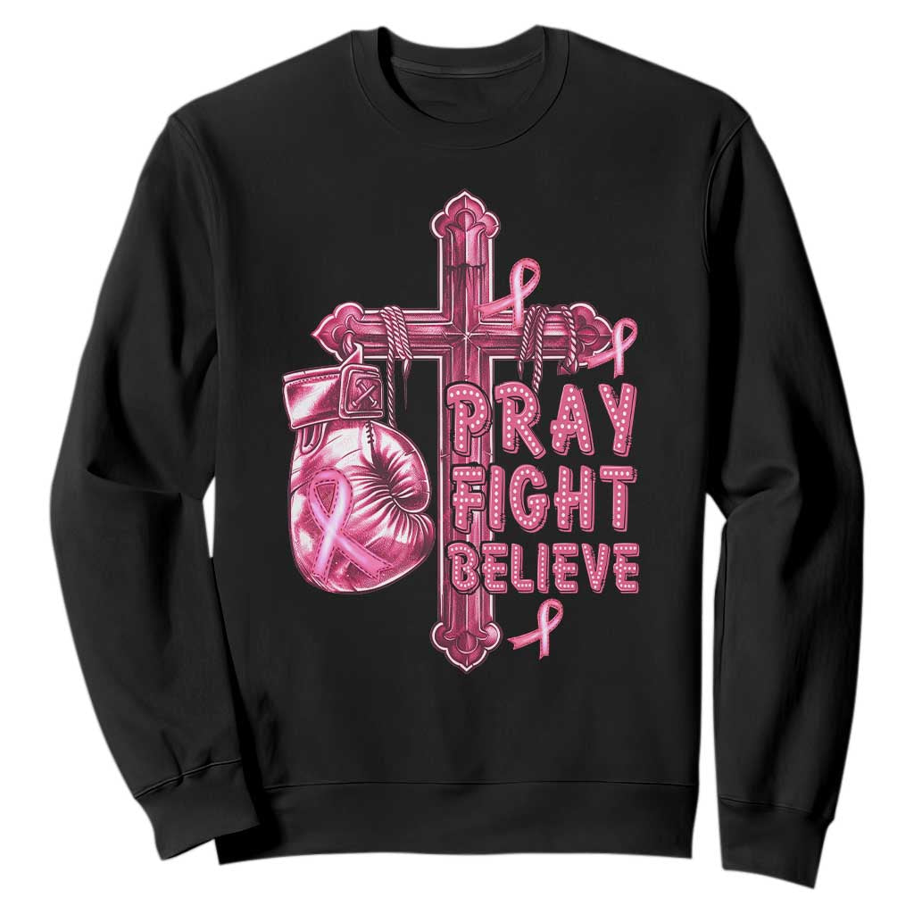 Breast Cancer Support Sweatshirt Pray Fight Believe Boxing Glove Cross Pink Ribbon