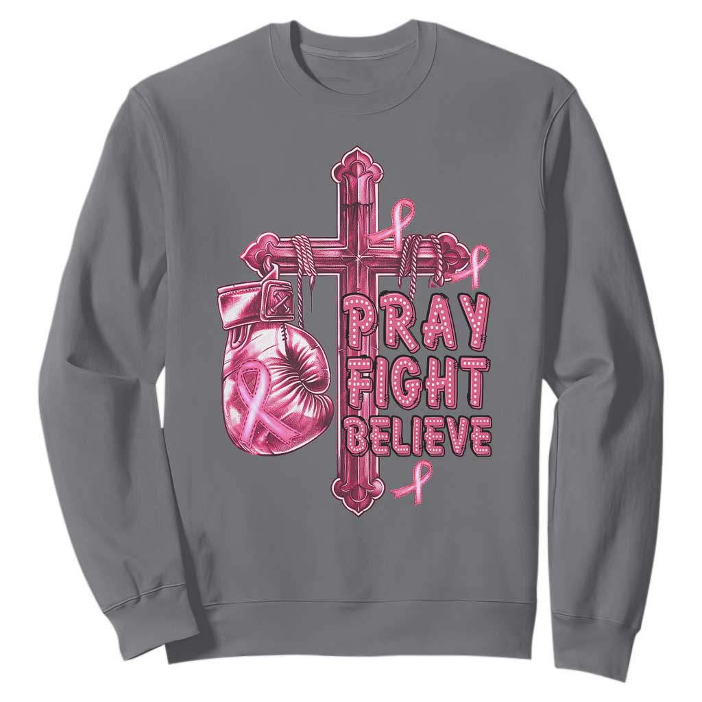 Breast Cancer Support Sweatshirt Pray Fight Believe Boxing Glove Cross Pink Ribbon