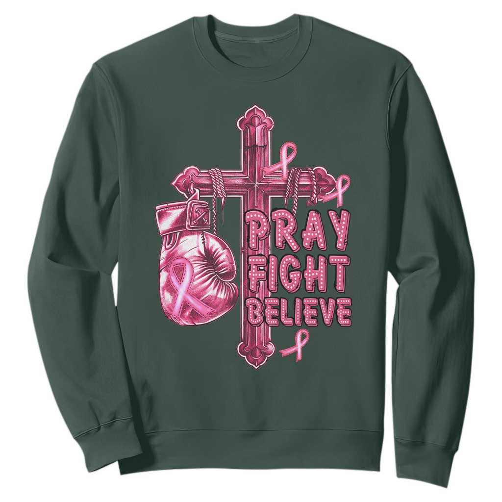 Breast Cancer Support Sweatshirt Pray Fight Believe Boxing Glove Cross Pink Ribbon