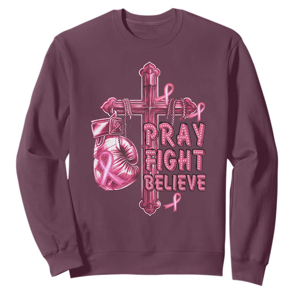 Breast Cancer Support Sweatshirt Pray Fight Believe Boxing Glove Cross Pink Ribbon