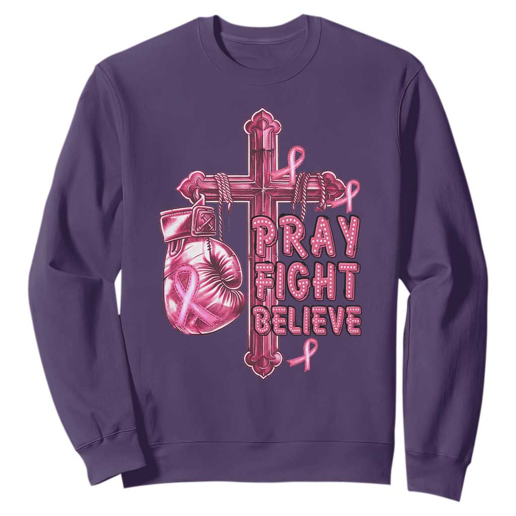 Breast Cancer Support Sweatshirt Pray Fight Believe Boxing Glove Cross Pink Ribbon