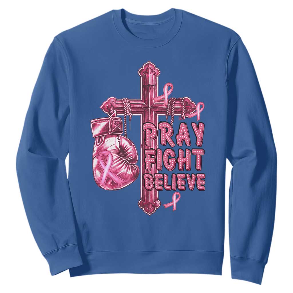 Breast Cancer Support Sweatshirt Pray Fight Believe Boxing Glove Cross Pink Ribbon