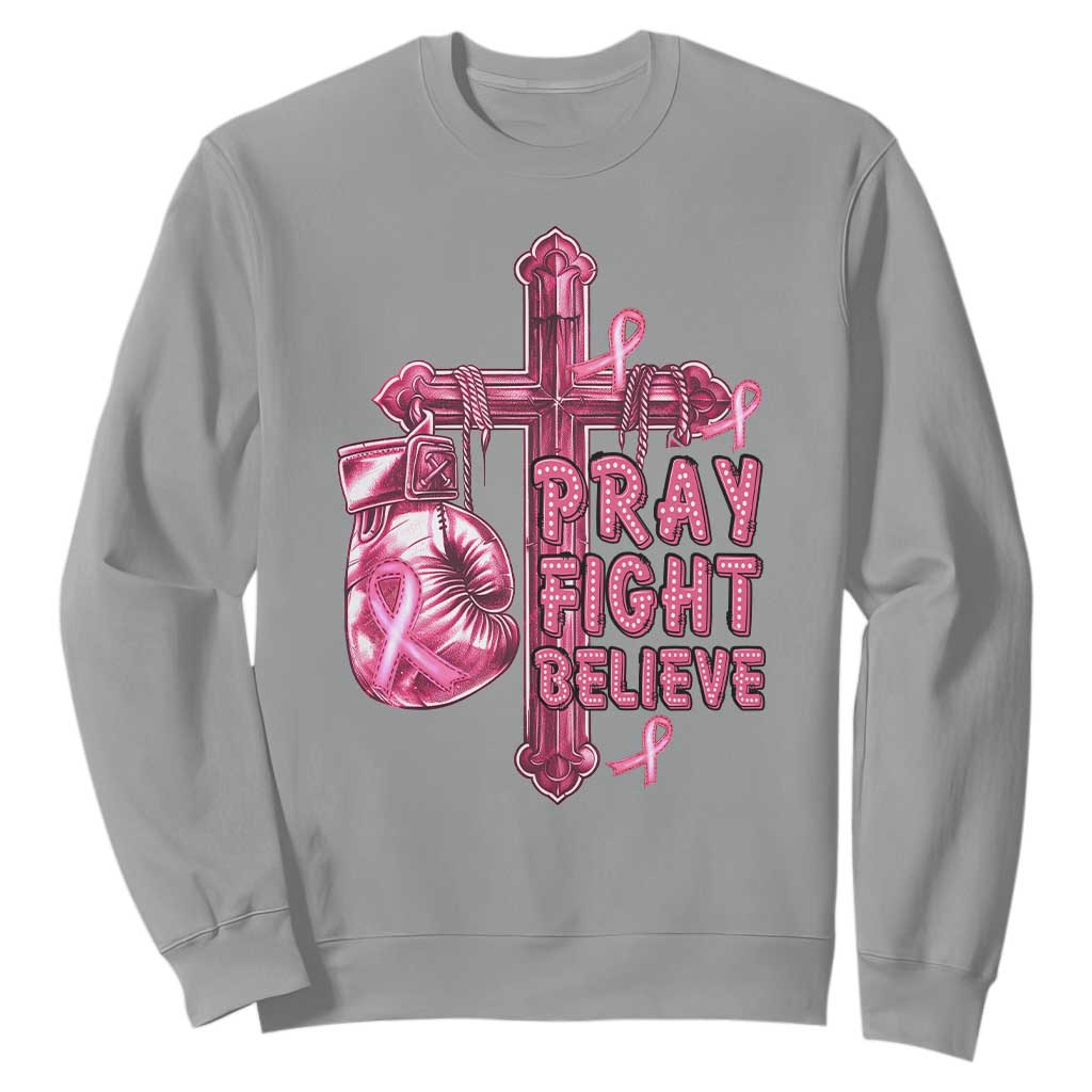 Breast Cancer Support Sweatshirt Pray Fight Believe Boxing Glove Cross Pink Ribbon