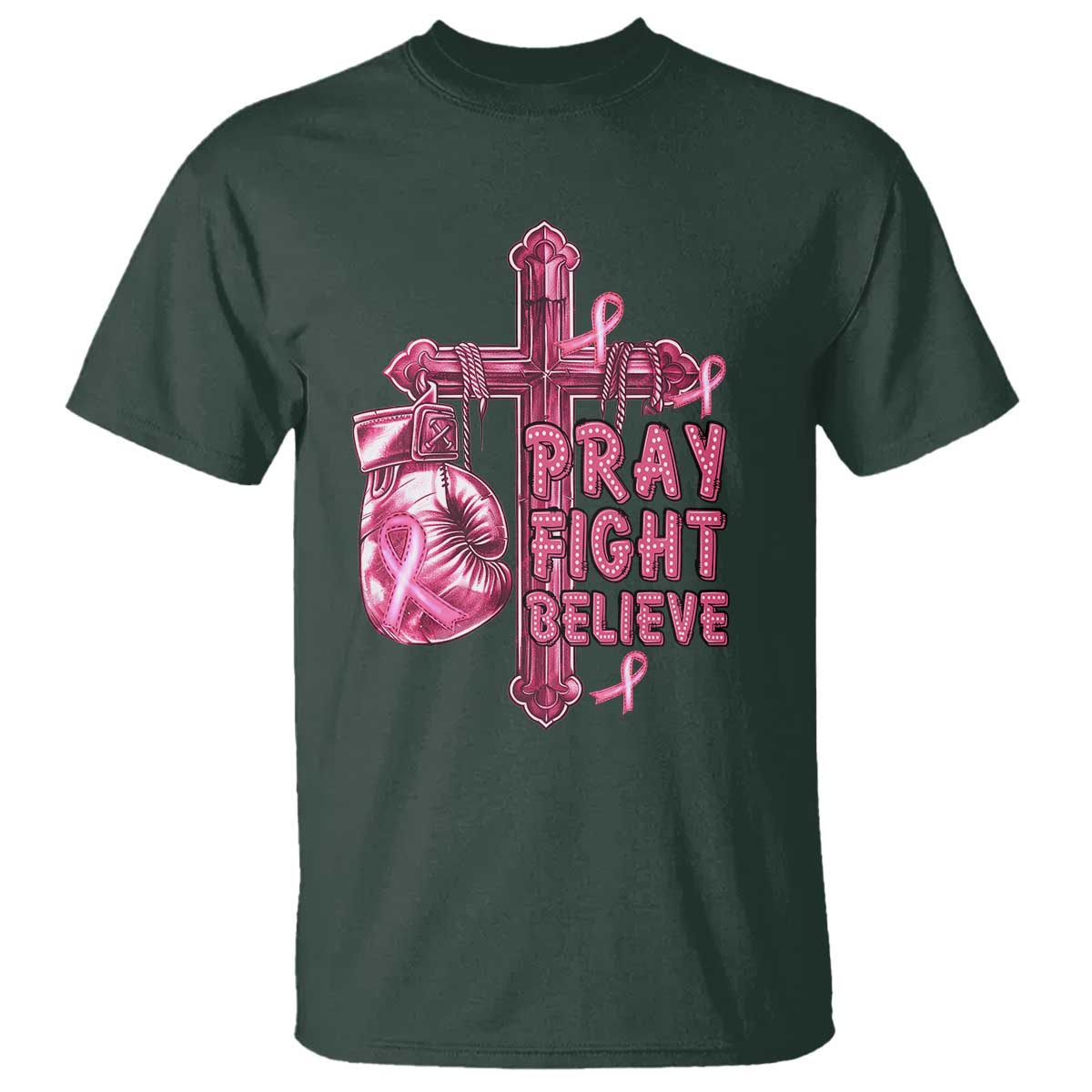 Breast Cancer Support T Shirt Pray Fight Believe Boxing Glove Cross Pink Ribbon