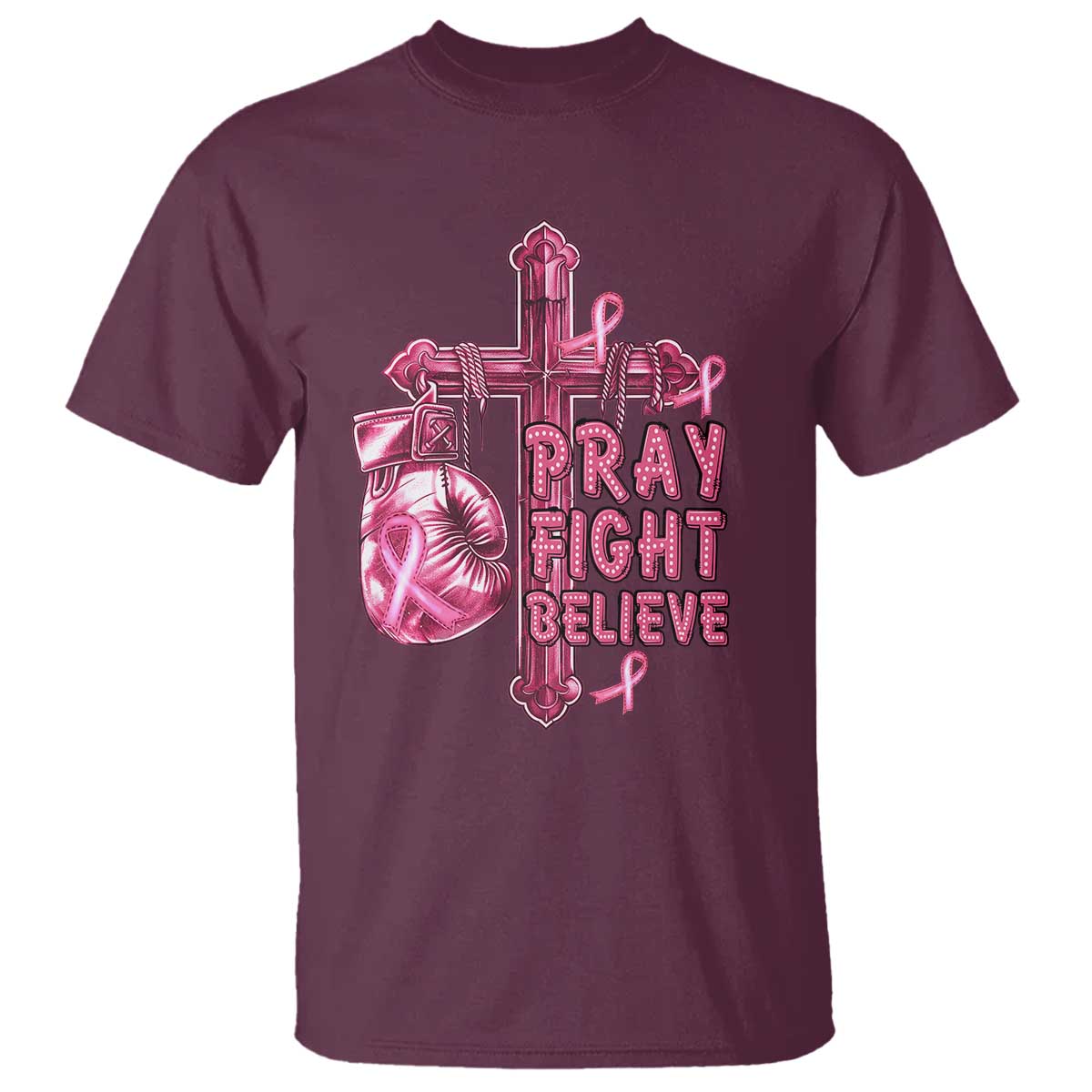 Breast Cancer Support T Shirt Pray Fight Believe Boxing Glove Cross Pink Ribbon